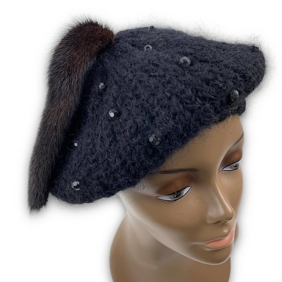 70's Italian mink tail mohair wool beaded beret winter hat - Picture 10 of 14